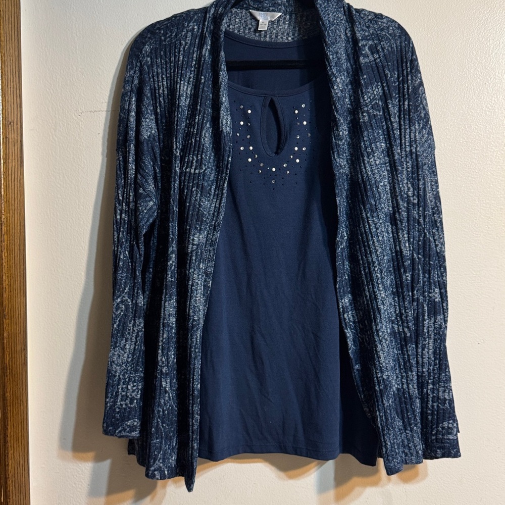 Time and Tru Navy Patterned Cardigan and Top Set